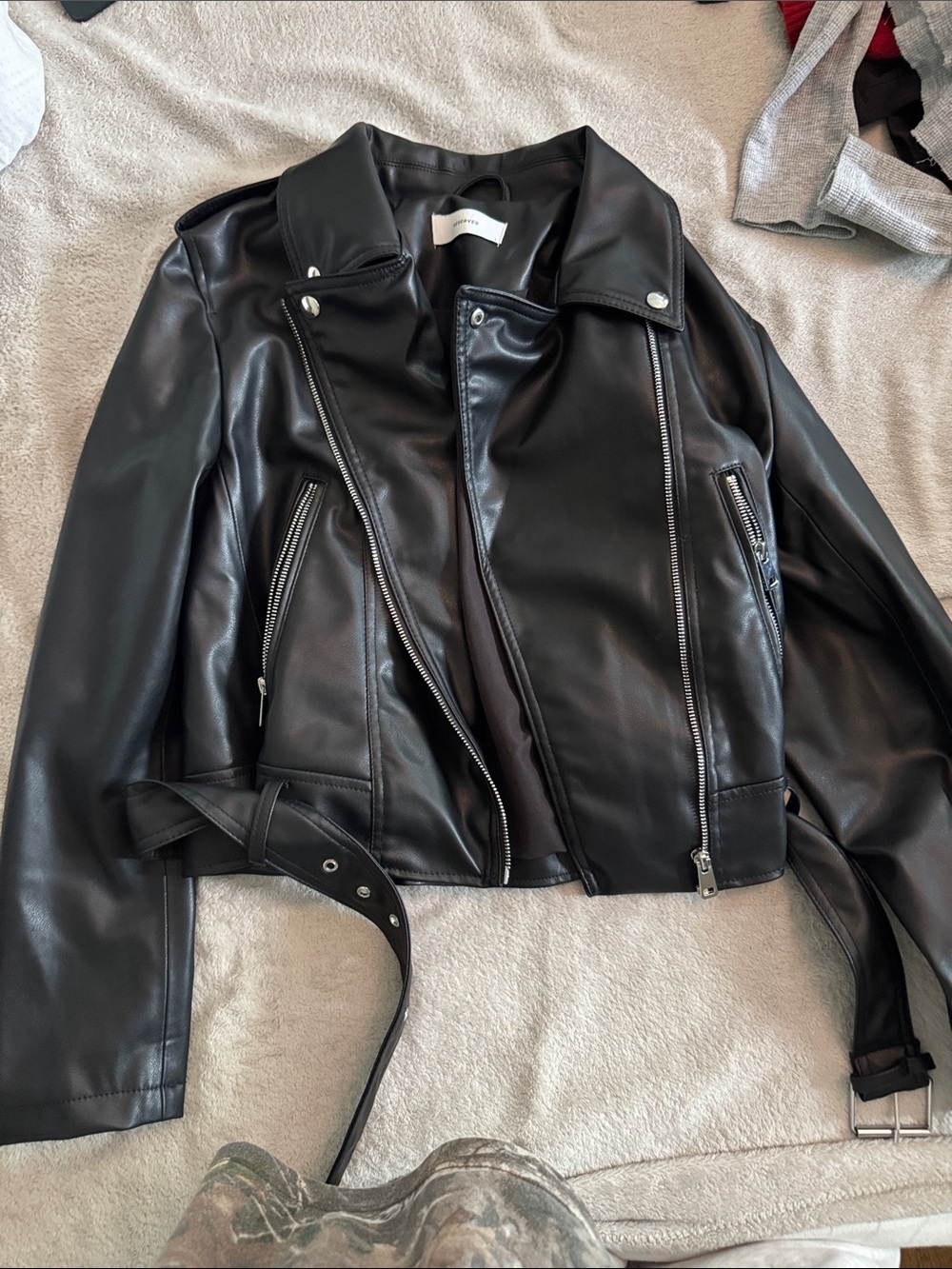 Reserved Black Faux Leather Moto Jacket with Belt